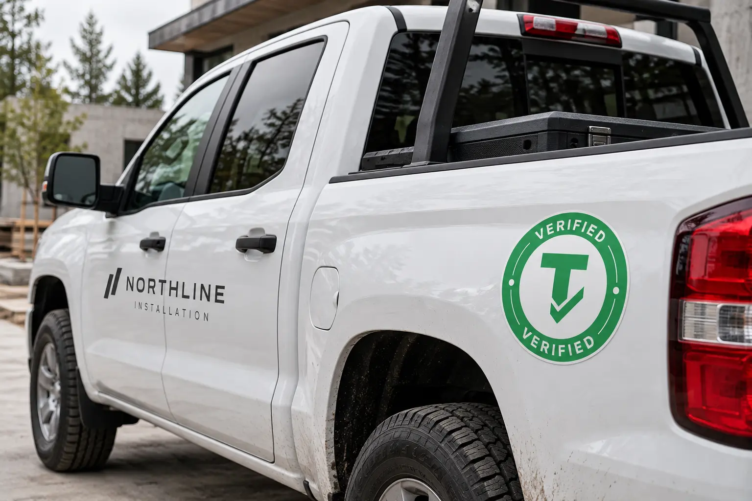 Illustrative TRULI badge decal on a fictional installation company’s white pickup truck