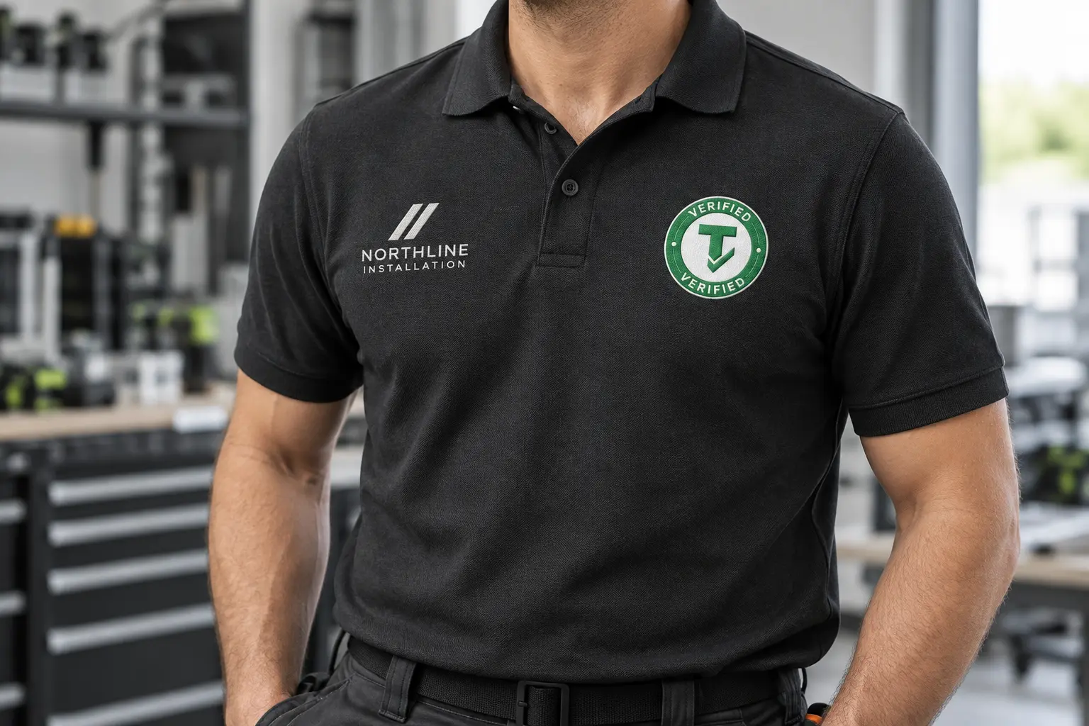 Illustrative charcoal work polo with company branding on one chest and the TRULI badge on the other